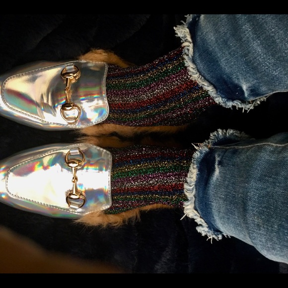 🎈Holographic Hologram Fur Loafer Flat Mule Slides - Picture 4 of 5